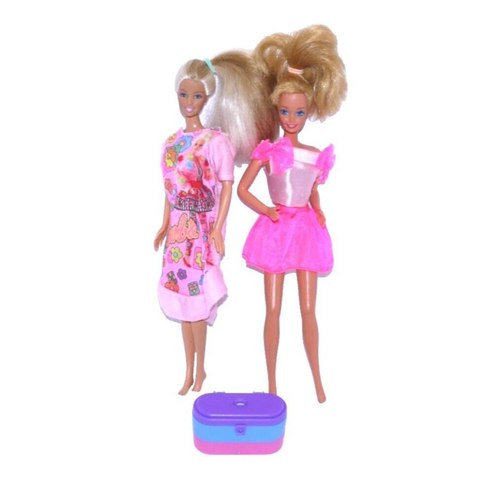 BARBIE set of 2 vintage dolls & makeup case, clothes don't match dolls "as is"